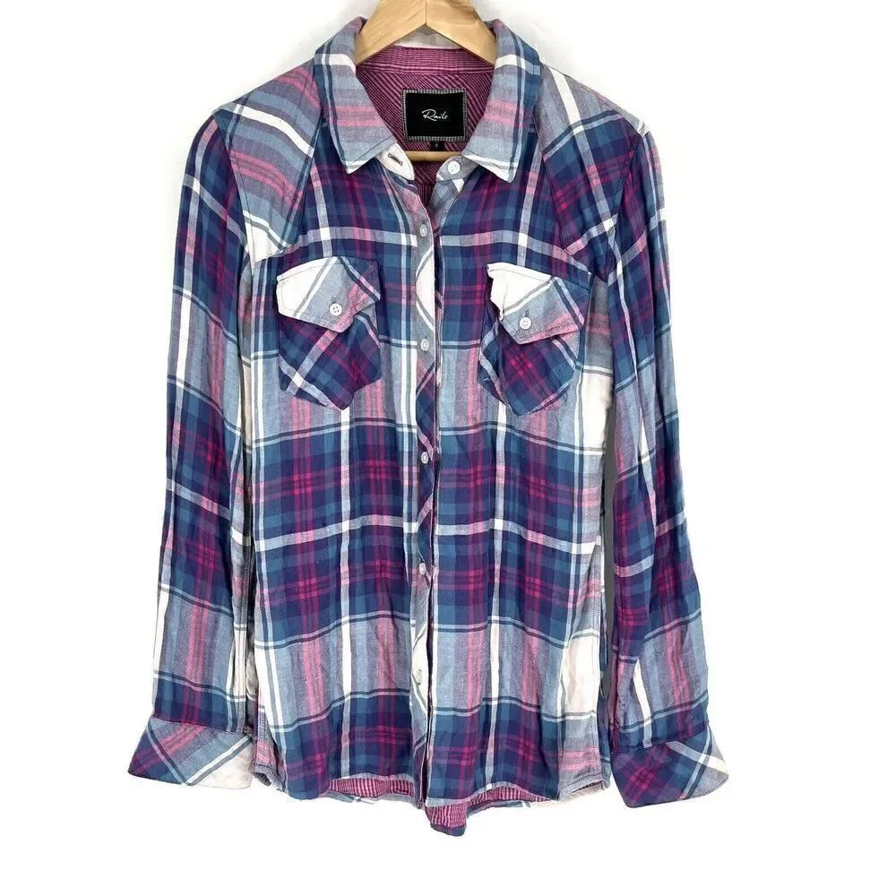 Rails Shirt Size Small Womens Pink Blue Plaid Button Down Top Double Gauze